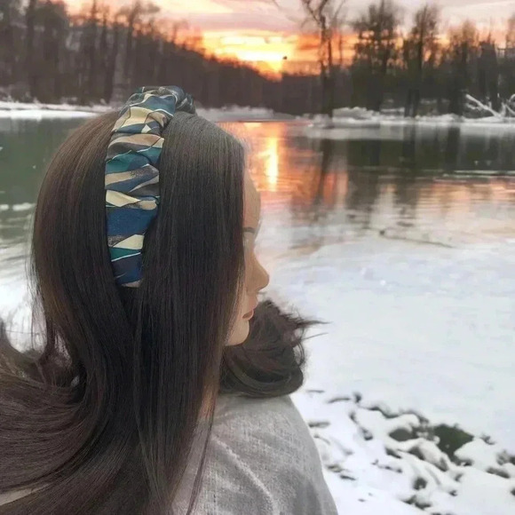 Artisan Handcrafted Geometric Multi-Color Scrunchy Headband Crown Hair Accessory - Picture 9 of 9